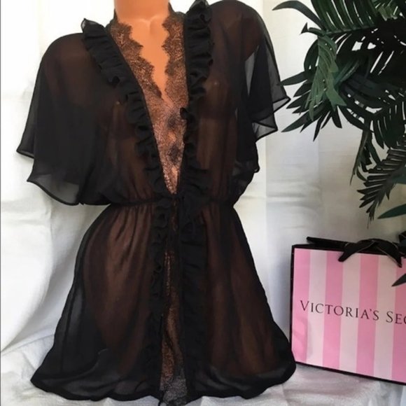 Victoria's Secret SHORT ROBE kimono Top Sheer lace mesh M/L - Picture 3 of 5